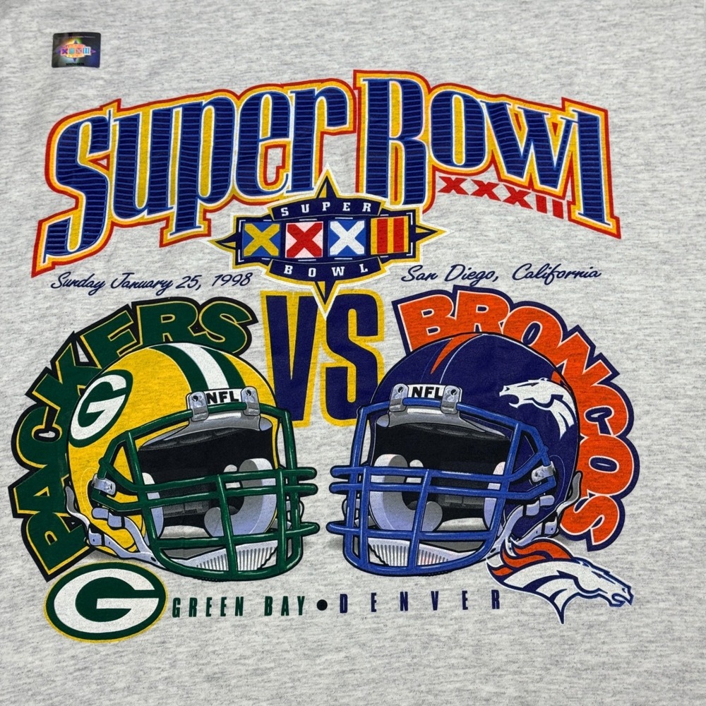 Logo 7 Super Bowl XXXII T-Shirt Mens XL Grey 1998 Packers vs Broncos Vintage NFL